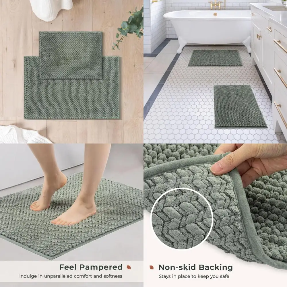 

Коврики для ванной комнаты из синели, комплект из 2 предметов — нескользящий водопоглощающий 17x24 дюйма + 20x32 дюйма + коврики для ванной, шалфейно-зеленый