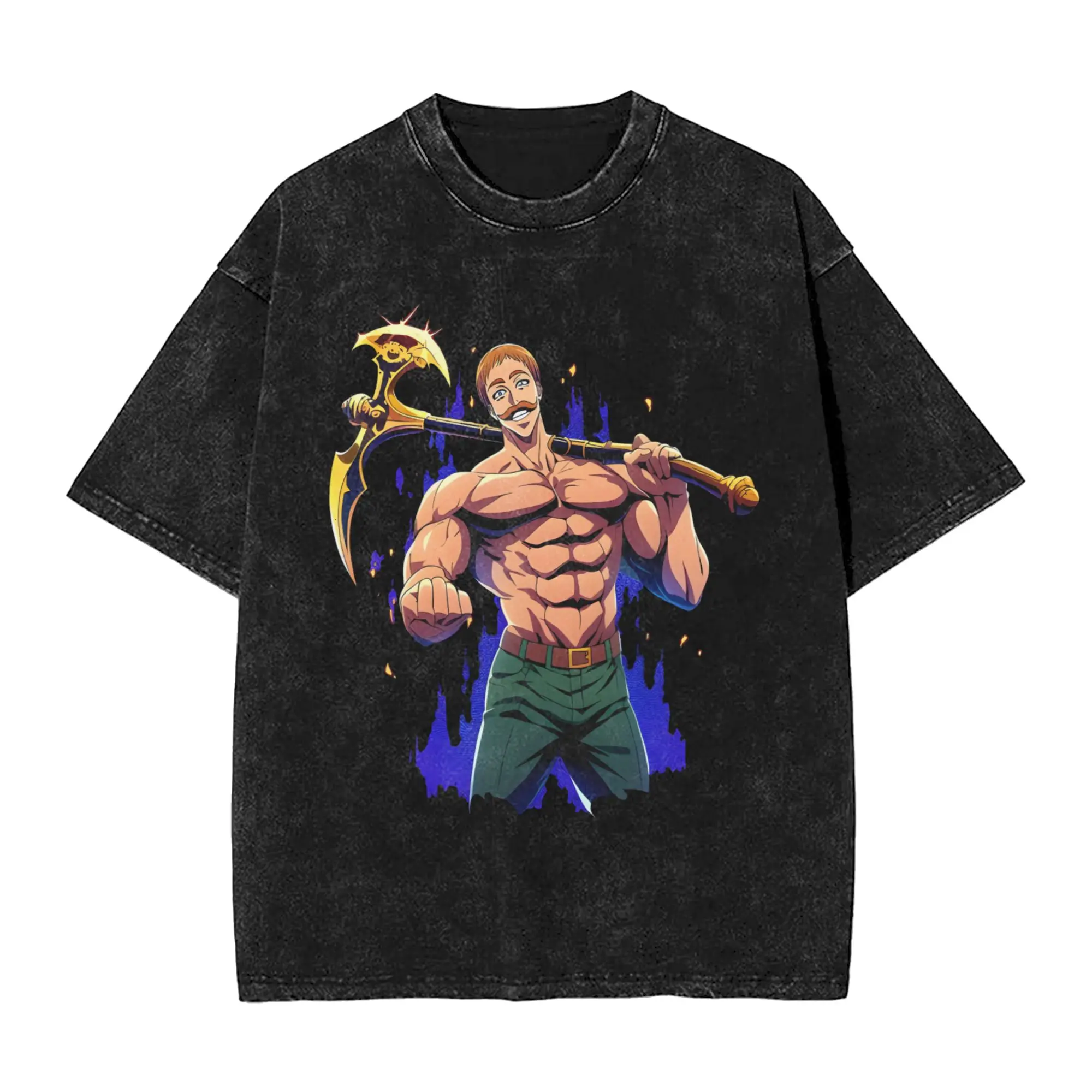 Anime Escanor Stronger Man Men's T Shirt Washed  Vintage Tee Shirt Short Sleeve Crewneck T-Shirt 100% Cotton Printed Clothing
