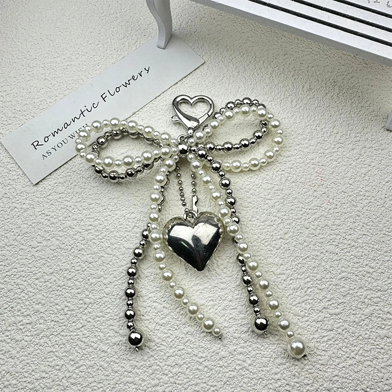 달콤한 리본 하트 모양 가방 참 키체인 귀여운 비즈 참 키링 휴대폰 끈 가방 펜던트 액세서리 선물