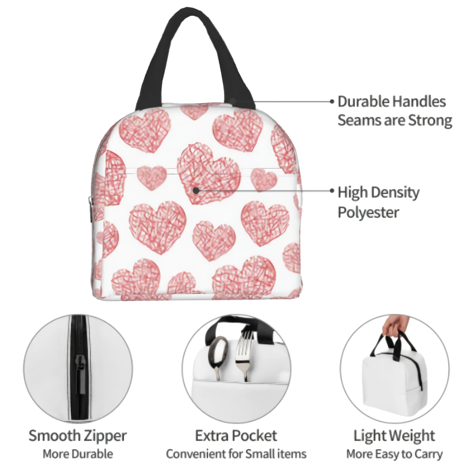 Reusable Insulated Lunch Bag for Women Men Leakproof Cooler Tote Bag Red Love Heart Freezable Lunch Box for Work Picnic Beach