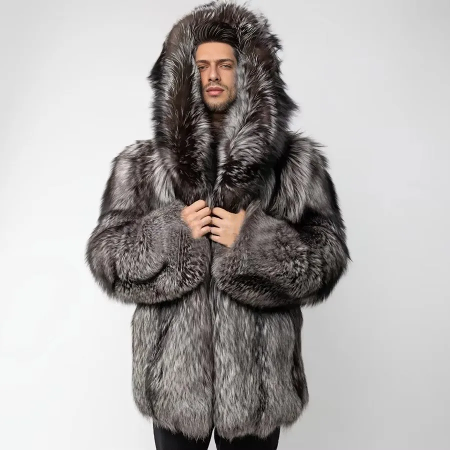 

Fox Fur Coat With Fur Hood Men Winter Jackets Real Fur Coats Full Skin Silver Fox Fur Outerwear Luxury High Quality