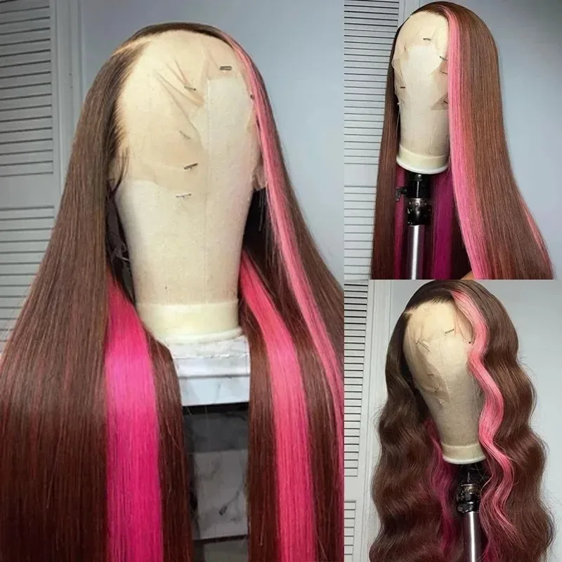 Perruque Lace Front Wig synthétique lisse à reflets bruns et roses, 13x4, HD, pre-plucked, sans colle, résistante à la chaleur au quotidien