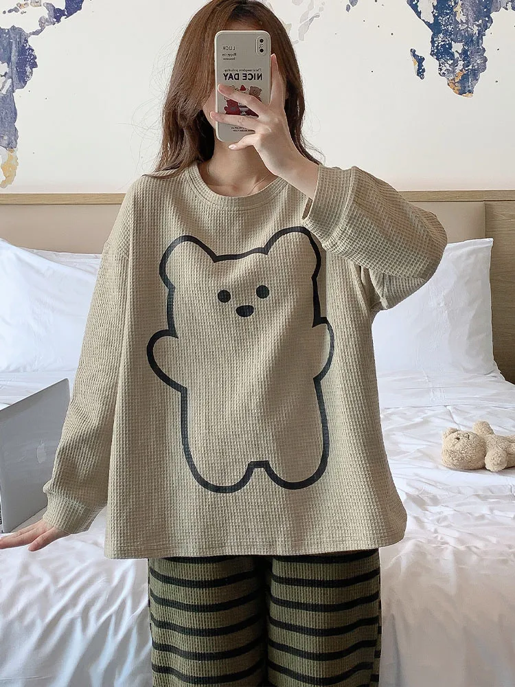 Round Neck Long-Sleeved Print Pullover Top+Striped Pants Women's Bear Sleepwear 2Pcs Spring Fall New Oversized Ladies Home Wear