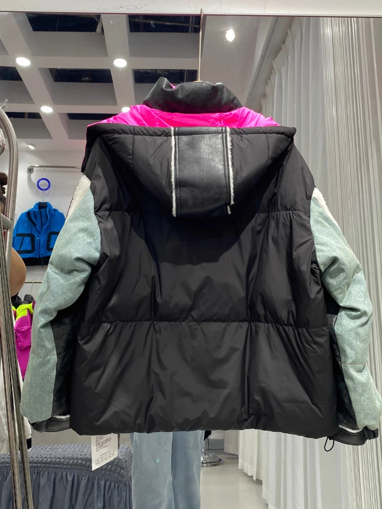 Streetwear denim contraste para baixo jaqueta moda feminina na moda destacável boné parker engrossado quente masculino e senhoras casaco de casal