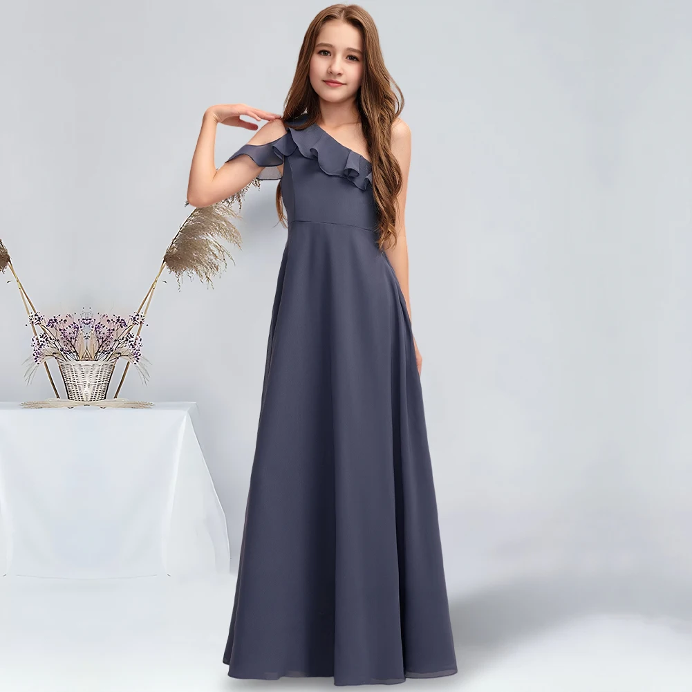 A-line One Shoulder Floor-Length Chiffon Junior Bridesmaid Dress With Cascading Ruffles Stormy Flower Girl Dress Communion Dress