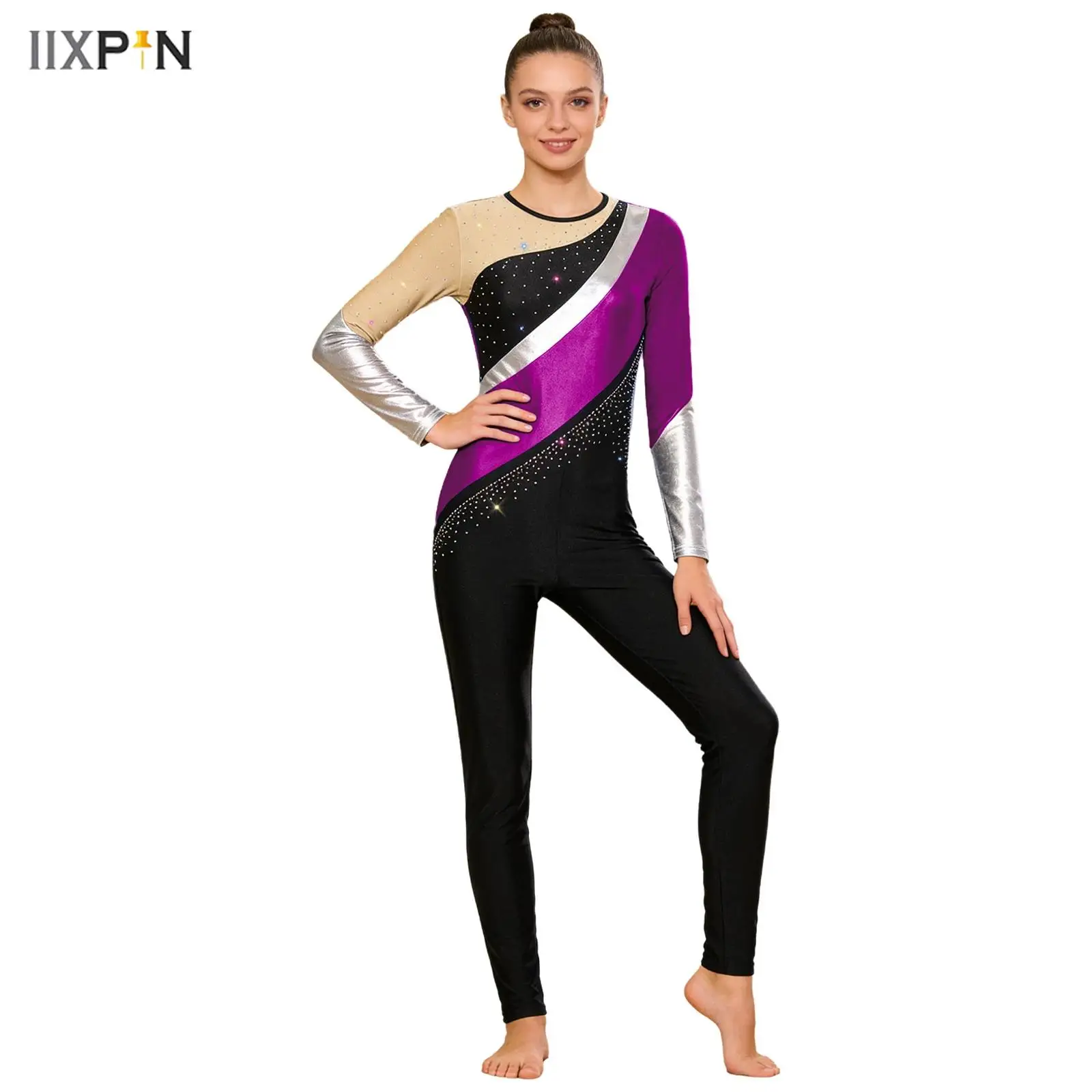 

Womens Shiny Rhinestones Rhythmic Gymnastics Artistic Figure Skating Ballet Jersey Dance Unitards Tights Jumpsuit Costume