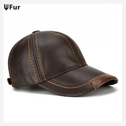 Men Real Cowhide Leather Earlap Caps Male Fall Winter 100% Real Cow Leather Hats New Casual Real Leather Outdoor Baseball Cap