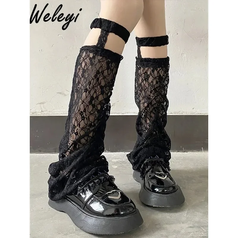 Women's Summer Beige Socks Japanese Fashion Hajuraku White Lace Hollow Middle Tube Suspender Leg Cover Ultra-thin Calf Socks