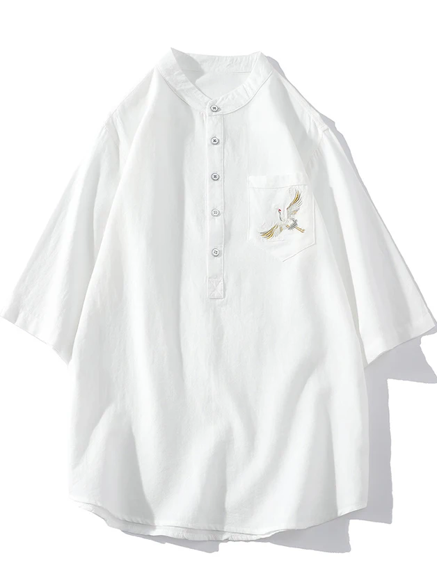 

New Chinese Style Embroidered Crane White Henry Collar Men's Summer Short Sleeve Stand Collar Cotton Linen Shirt Boy's Fashion