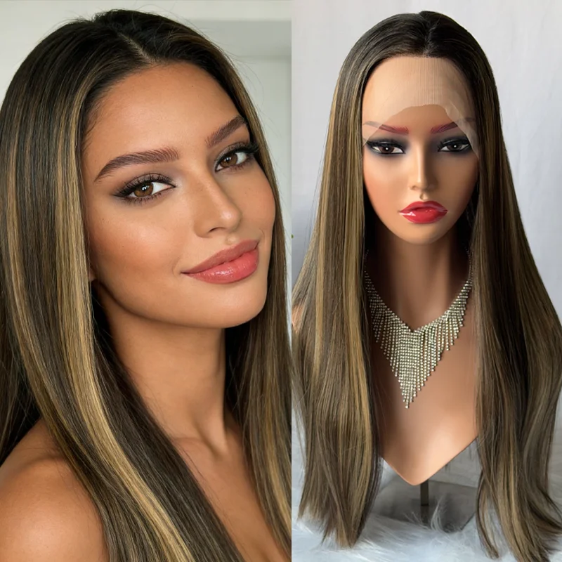 

Карамельно-коричневый, медовый блондин, мелированный цвет, парики 13x4, синтетические парики спереди для женщин, натуральные прямые волосы, кружевной фронтальный парик