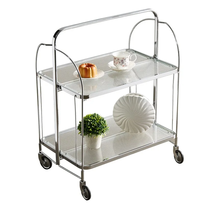 Vintage Transparent Glass and Stainless Steel Mobile Cart for Home Use Minimalist Side Table Coffee Table Rolling Buffet Cart