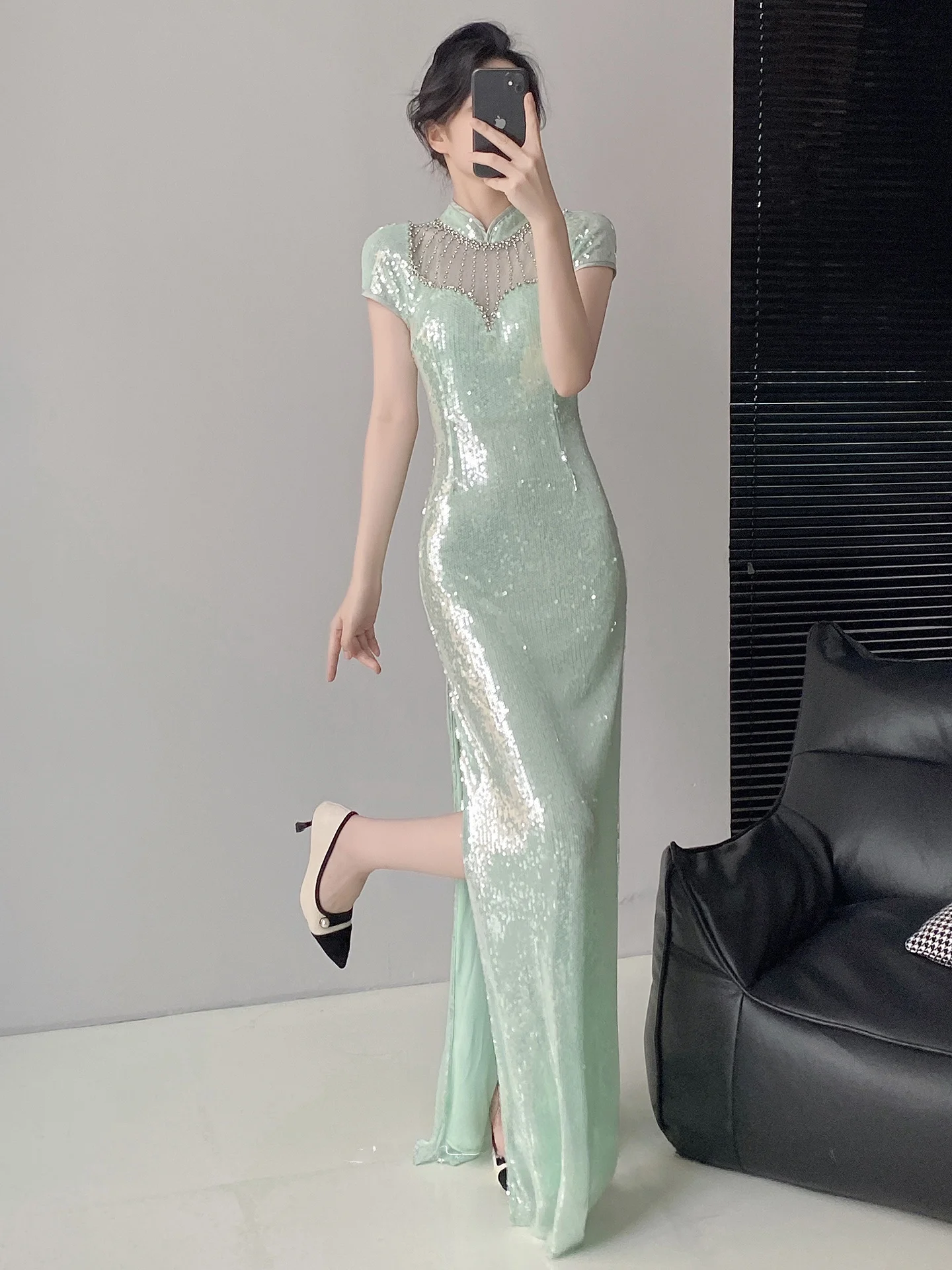 

een Improved Evening Gown Women's New 2026 High-End New Chinese Host Fi Tail Sequin Dr Ele Midi Length