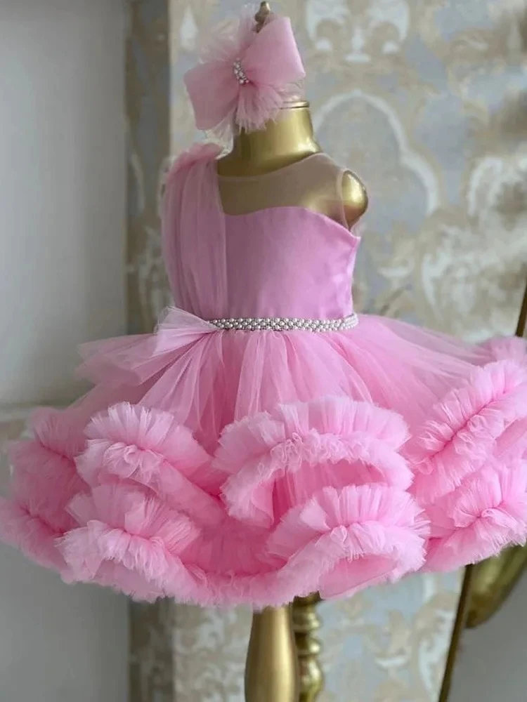 Vestido princesa de tule com flores para bebês, vestido de baile infantil sem mangas, vestido formal para o primeiro batismo e festa de aniversário, luxo e luxo