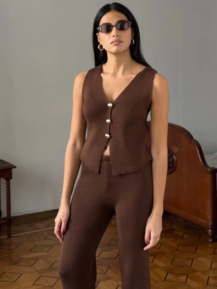 Arctic Cat Mode Gebreide Trui Tweedelige Set Voor Vrouwen Knop V-hals Vest Top Lange Broek Set Zomer Nieuwe 2025, Casual Streetwear