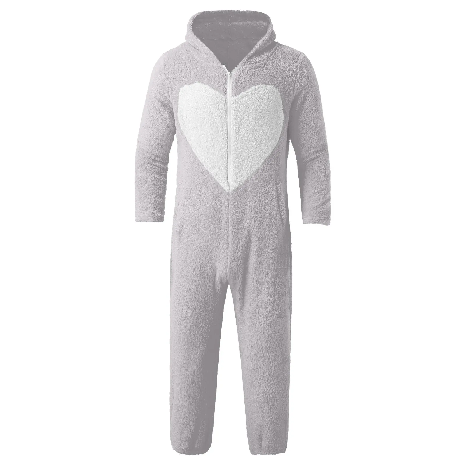 Adults Love Heart Zipper Onesies Winter Women Pajamas Jumpsuit Men Couple Costume Cosplay Flannel Sleepwear Pyjamas Homewear