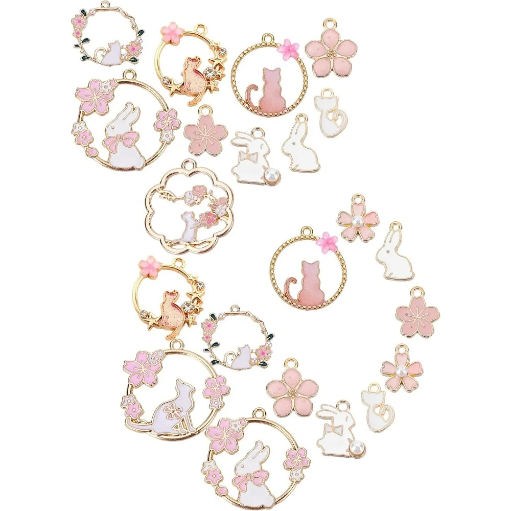 1 Box 48Pcs 12 Styles Pink Flower Charms Enamel Cat Easter Holiday Rabbit Animal Floral Hollow Flat Round Alloy Sakura