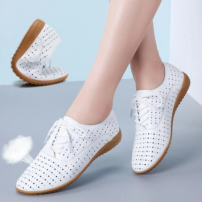 Summer Breathable Hollow White Shoes Women Flats Shoes Genuine Leather Women Sneakers Shoes Lace Up Loafers Soft Oxford Shoes