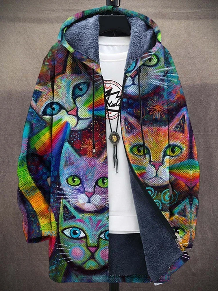 Men Cardigans Coats Cozy Art Cats Kitty Graphics Printed Mid Fleece Plush Thick Winter Casual Streetwear Unisex Clothing