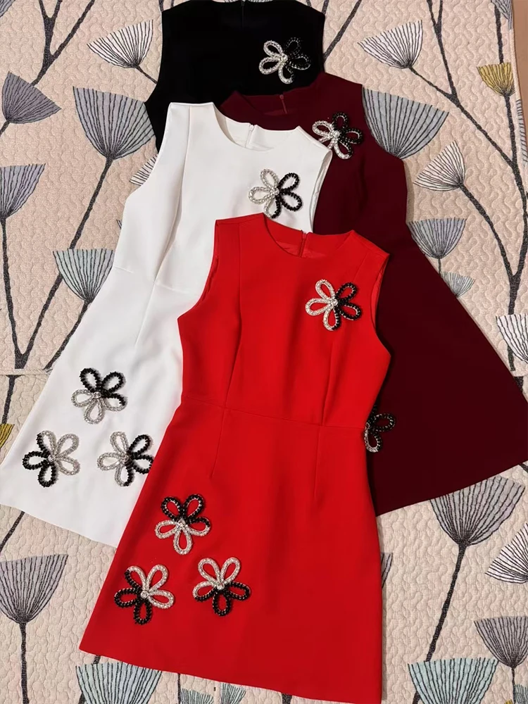 

Solid color round neck sleeveless rhinestone bow straight dress 2025 spring and summer women's new temperament short vest skirt