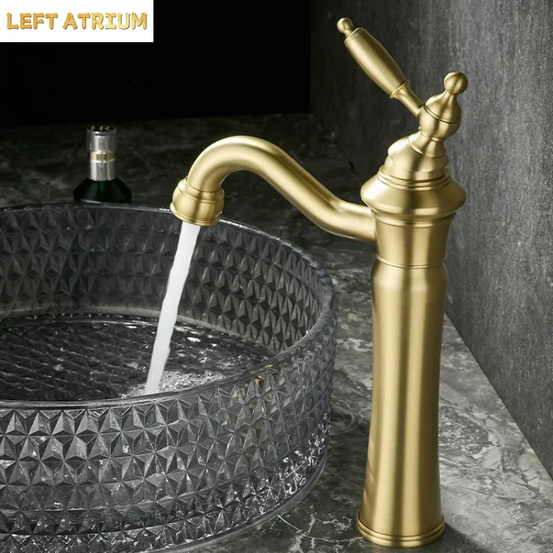 Vintage Solid Brass Under-Counter Washbasin Tap for the Bathroom, Single-Hole, Hot and Cold Water, Splash-Proof