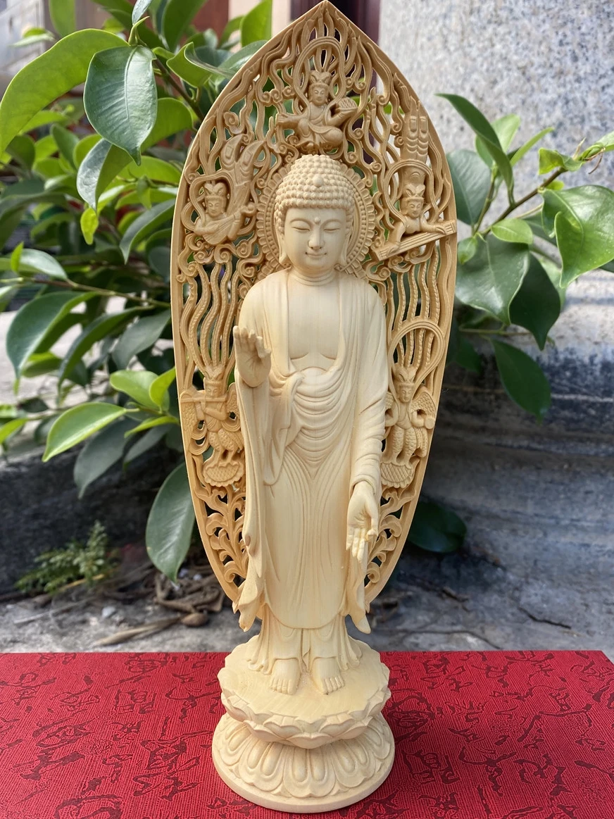 Boxwood Carved Shakyamuni Buddha Statue, Vairocana Living Room, Home Decor Craft, New