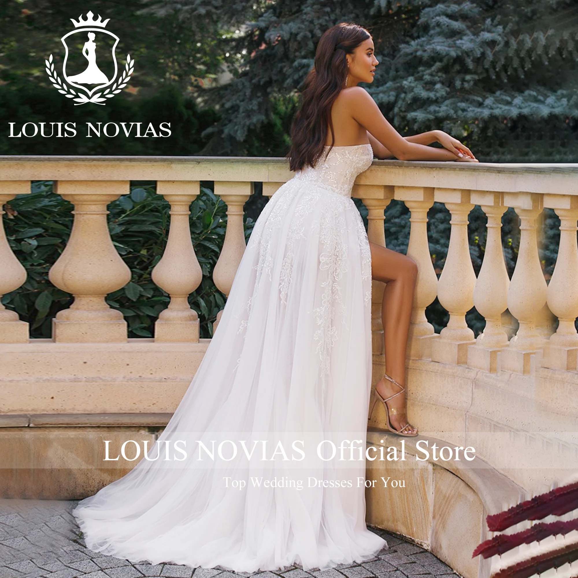 LOUIS NOVIAS-Vestido de noiva sereia lantejoulas para mulheres, acima do joelho, trem destacável, vestido de casamento, decote querido, 2023