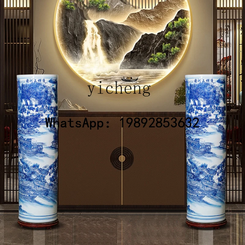 السيراميك الأزرق والأبيض الخزف من الأرض إلى السقف مزهرية كبيرة جعبة غرفة المعيشة زخرفة اسطوانة التخزين الصينية الجديدة
