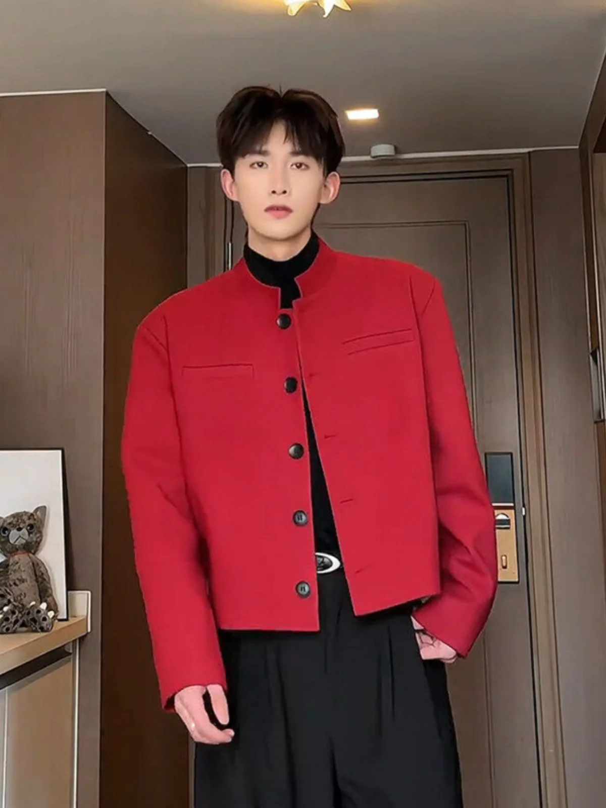 

Ankela Red ort Suit Jaet New Chinese Sle Men's High End Feeling Haome Old Money Sle Festive oulder Clip Trendy