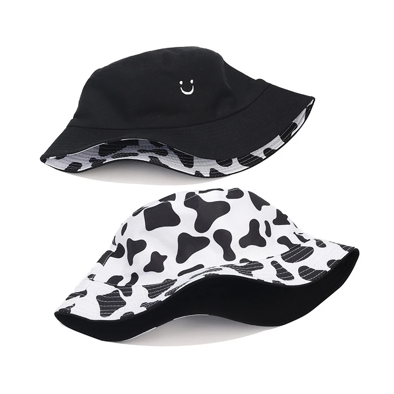 Bocca Cow Pattern Bucket Hat Smile Face Embroidery Double Sides Fisherman Hats For Men Women Panama Cap Summer Sun Hot Selling