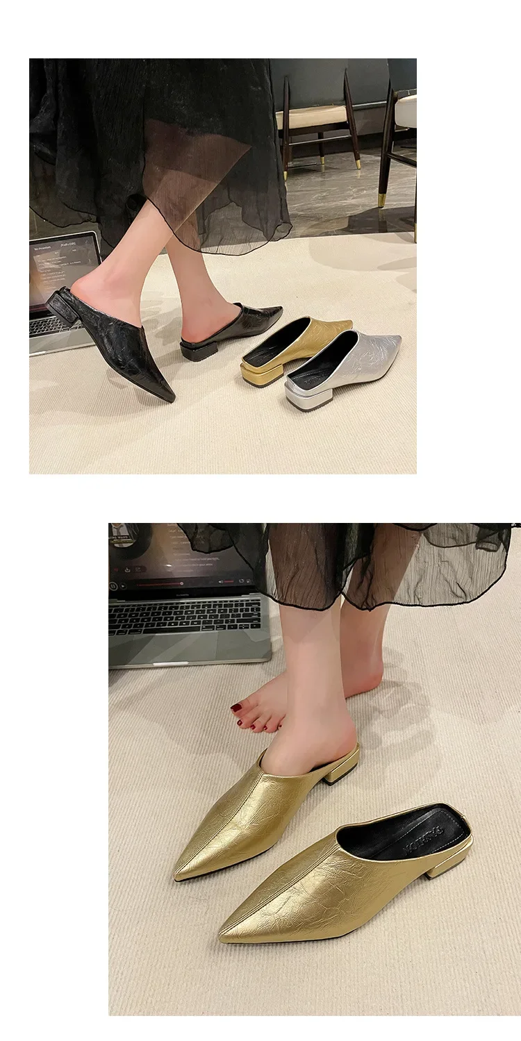 Hochhackige Einfache Damen-Baotou-Halbpantoffeln Spitze Sommer-Abendschuhe Einfarbige Hohe Absätze Schwarze Schuhe – Detail 5