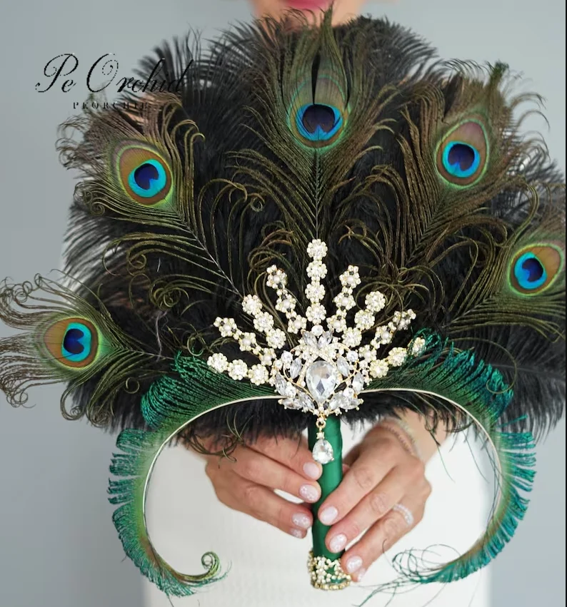 

PEORCHID Gold Crystal Peacock Bridal Brooch Fan Ostrich Alternative Feather Fan Wedding Roaring 20's Green Bridal Bouquet