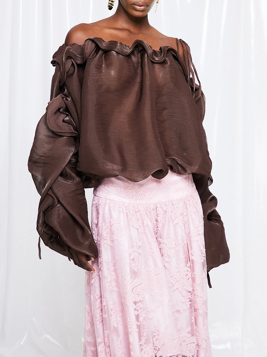 TWOTWINSTYLE Street Brown Sheer Off The Shoulder Ruffle Top for Women Spliced Ruffle Sleeves Loose Blouses for Fashion Events