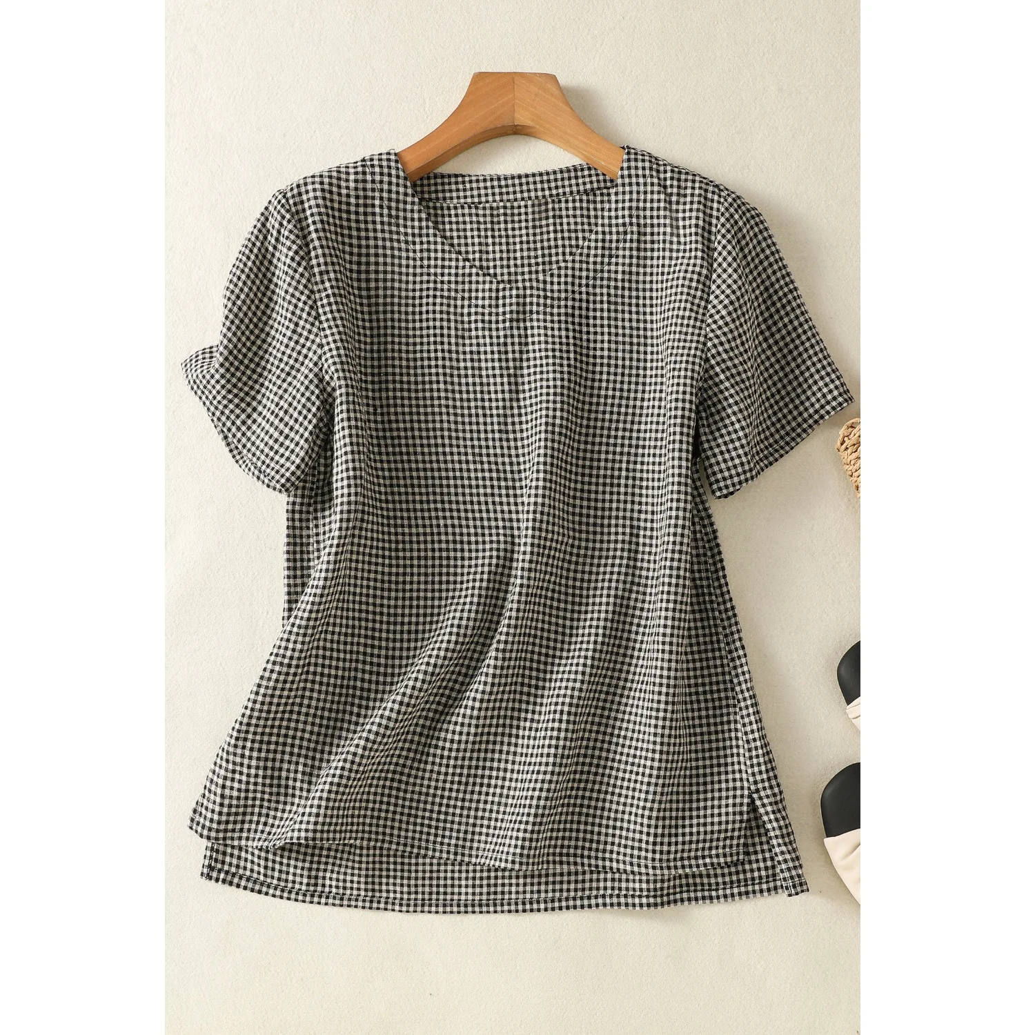 Wiosna Lato Nowa Krata Artystyczna Dojazdy do Pracy Wszechstronna ort Sve irt Cienka Mieszanka Bawełny i Lnu Damska Koszulka Prosty Krój