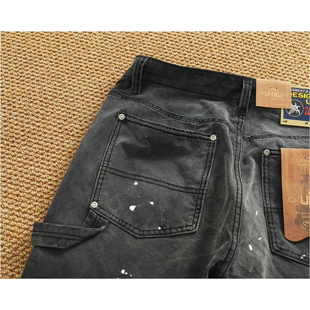 Shorts de trabalho retrô para homens, pintados com spray, envelhecidos, lavados, algodão puro, tecido pesado, solto, reto, calças capri