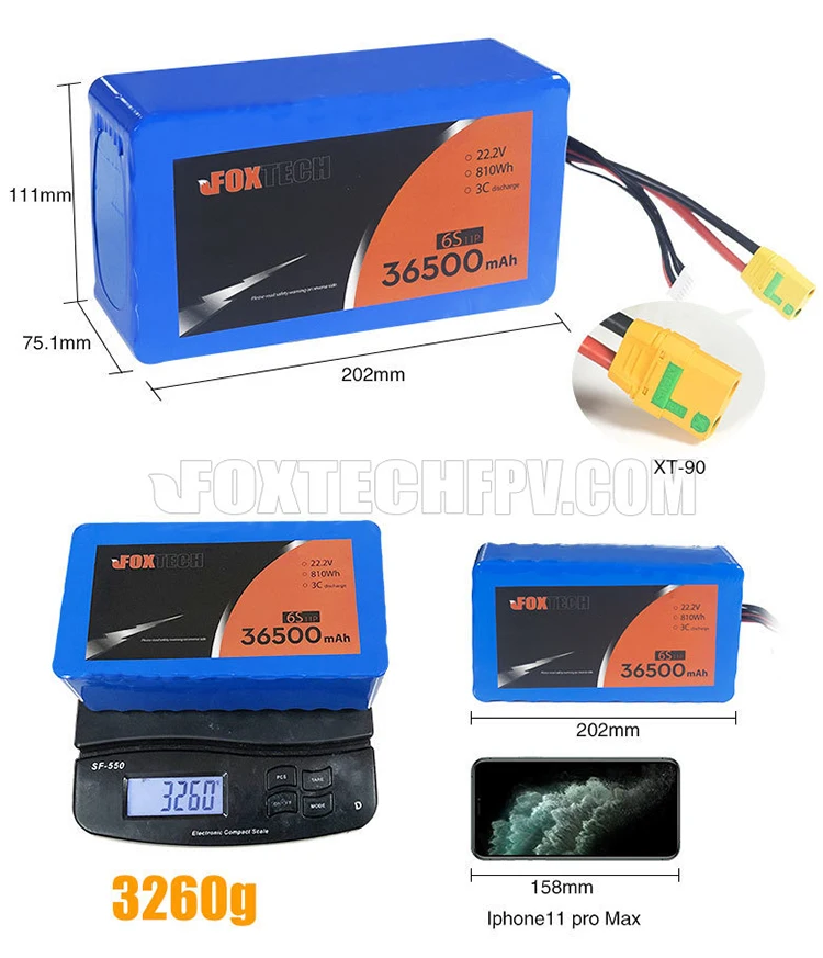 Foxtech แพ็คแบตเตอรี่ Li-ion อัตราการปล่อย3C 22.2V 6S 36500mAh สำหรับ VTOL
