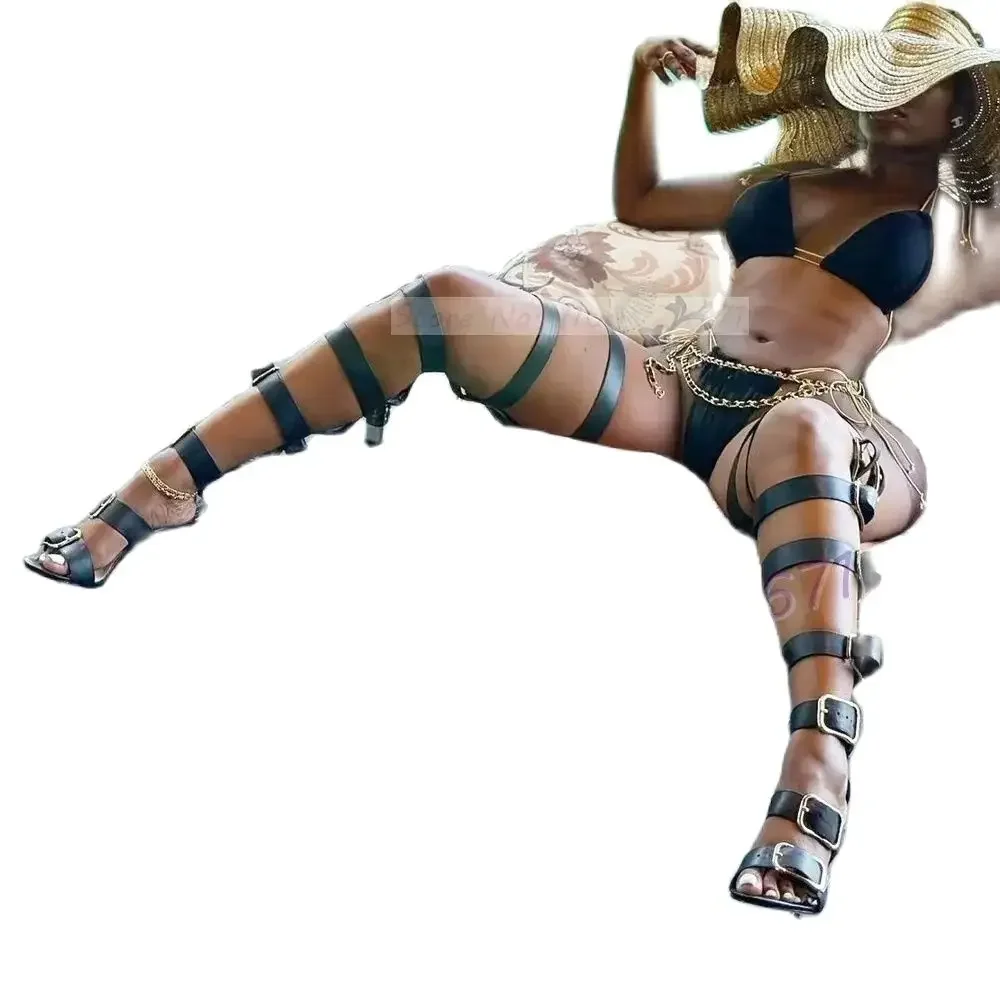 Wide Multi-belt Buckle Long Sandals Women Sexy Puttee Black Thigh High Heels Shoes Ladies Luxury Multi Belts Punk Dress Sandals