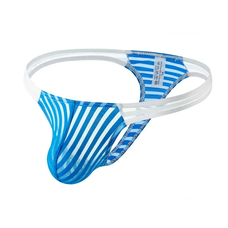 Striped Mesh Sheer T Back Thong for Men Sexy Low-rise U Convex Pouch G-string Hollow Out Underpants Semi Transparent Thin Bikini