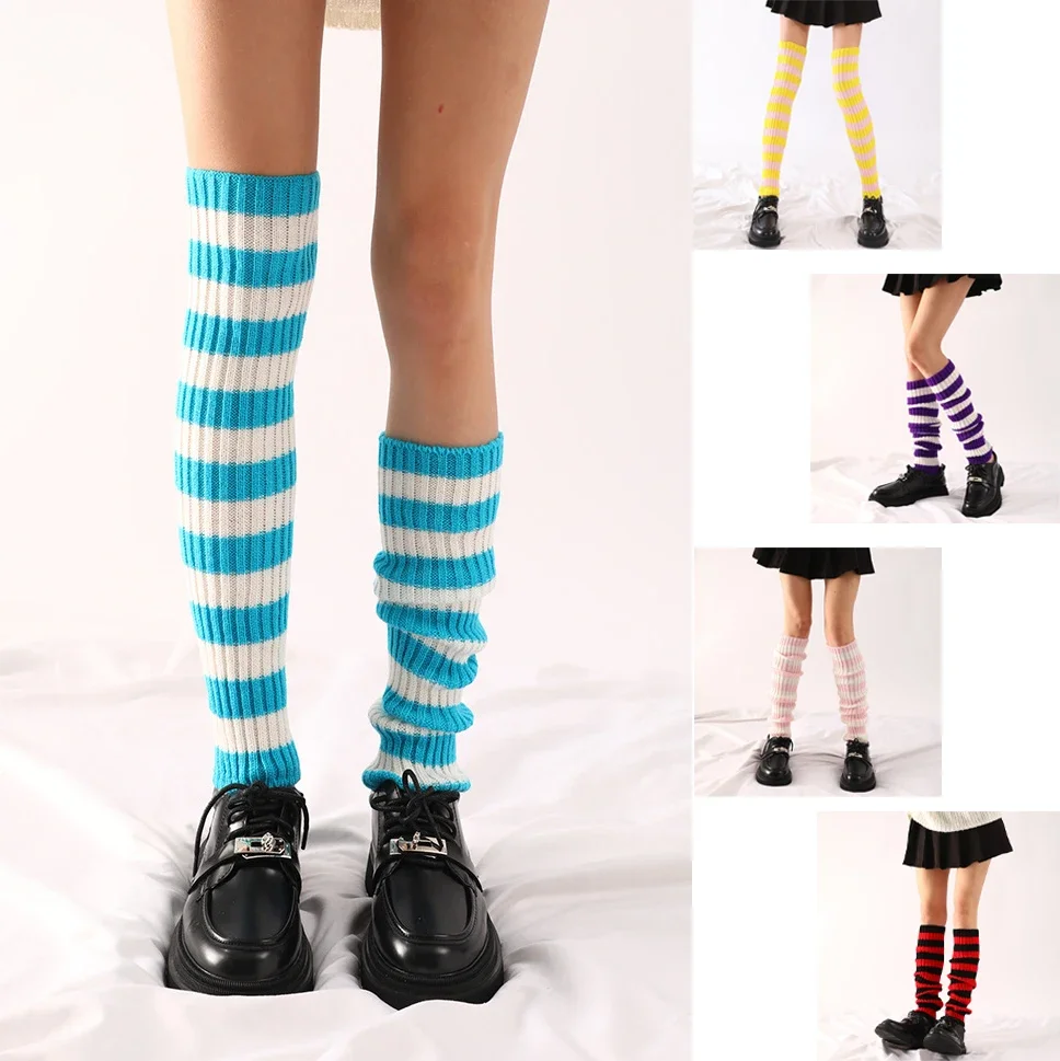 

1 Pair Women Striped Y2K Lolita Leg Warmers Autumn Winter Knitted Knee High Long Socks Harajuku Japanese Kawaii Boot Stockings