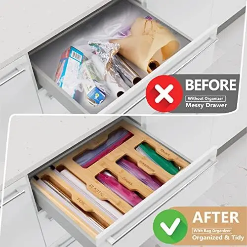 Ziplock Bag Storage Organizer and Wrap Dispenser with Cutter and Labels, 2 in 1 Bamboo Kitchen Drawer Organizer, Foil and Plasti