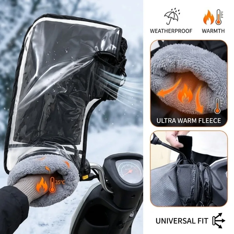 Large Clear Cover Winter Motorcycle Handlebar Muffs Thick Fleece Ebike Scooter Bar Mitts Thermal Trike Hand Warmers Moped Gloves