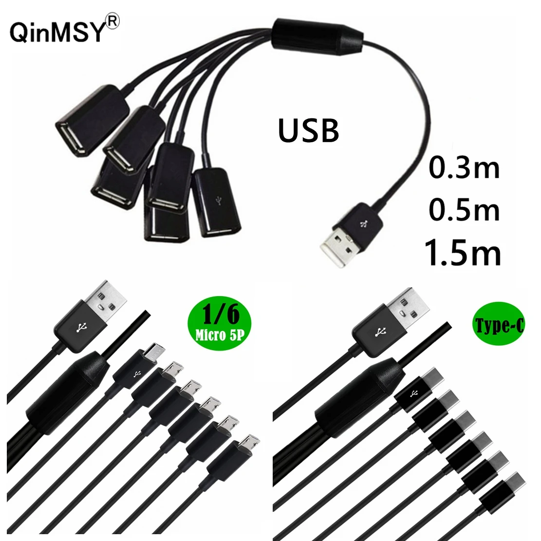 6 In 1 Micro Type C Splitter Cable USB A to 2 3 4 6 Micro Mini 5Pin T USB Type C Data Sync Charing Cable For Phone Tablet Pad