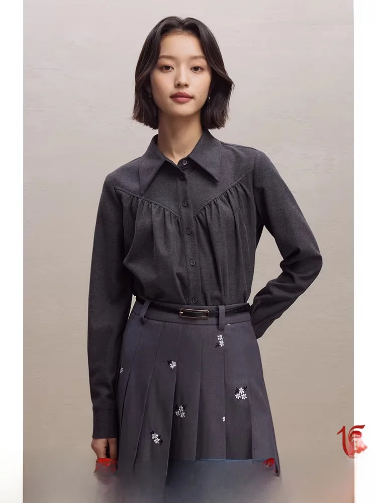 

Women's Vintage Pleated irt Casual Layering Versatile Top Self-Crt Polyester Blend Long Sve Straight Cut Commute Sle