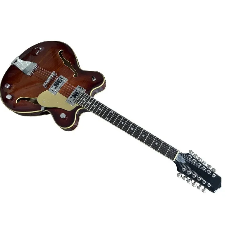 12-String brown tiger pattern bright full hollow F-hole retro electric guitar, professional playing electric guitar