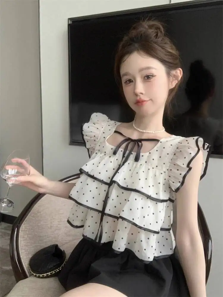 Ezgaga Sweet Shirts Women Polka Dot Lace Up Flying Sleeve Square Collar Crop Tops Slim Elegant Blouse Female Summer Casual