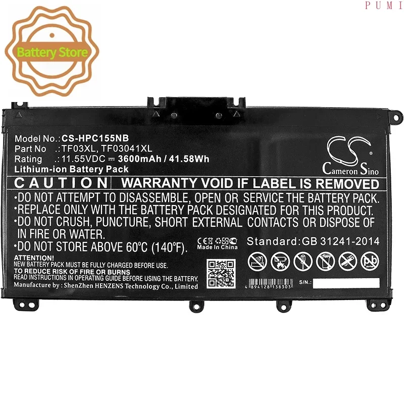 CS Replacement Battery for HP Pavilion 15-CC,Pavilion 15-CD,Pavilion 15-CD040WM,Pavilion 15-CC050 PN:TF03XL 3600mAh / 41.58Wh
