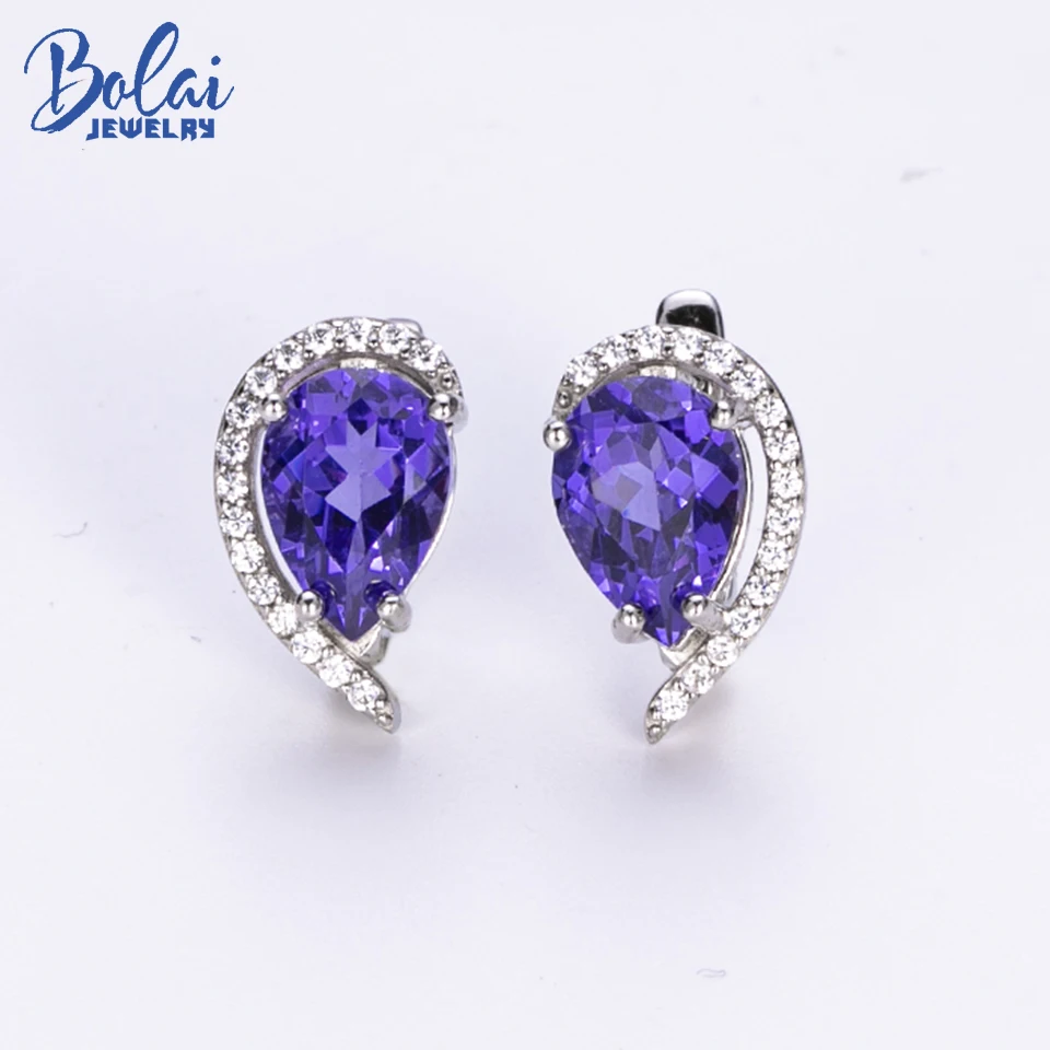 

NEW!! Pear 10*7mm Nano Tanzanite Stud My Heart Clasp Earrings Real 925 Sterling Silver Gemstone for Woman Girl Simple Gift