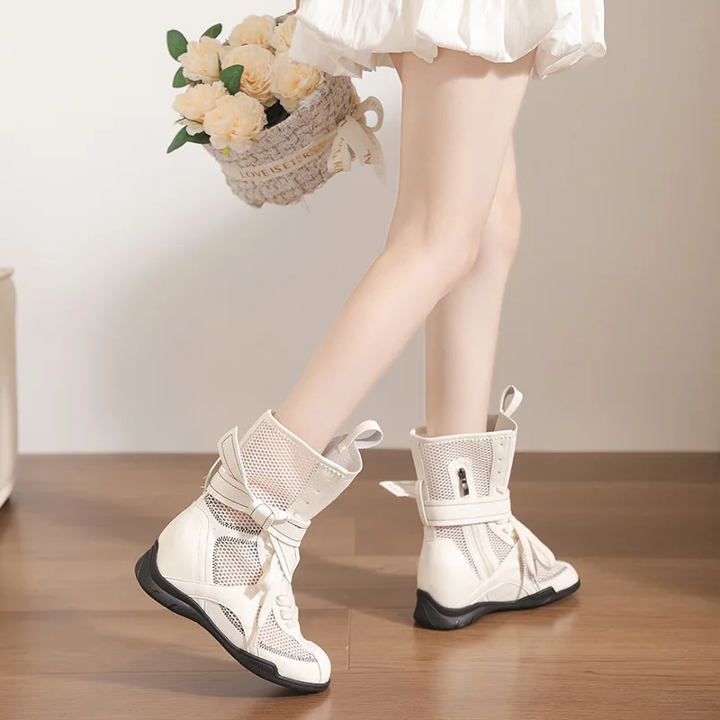 

Women's Summer Breathable Mesh Combat Boots 2026 New Brown Leather Lace-up Ankle Boots Ladies Casual Outdoor Fashion Sneakers