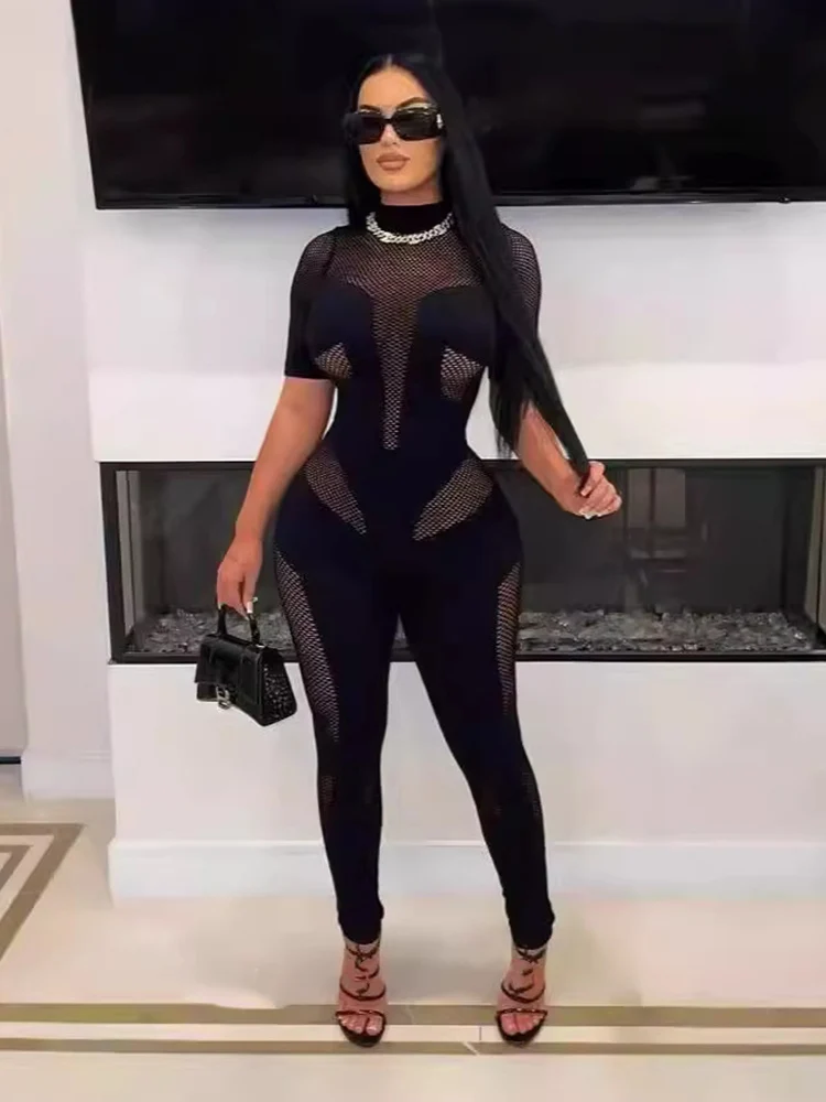 

Nibber Coquett Jumpsuit Woman Sexy Fitness Hollow Patchwork Shorts Sleeve Skinny Nightclub Activity Stretch Workout Overalls