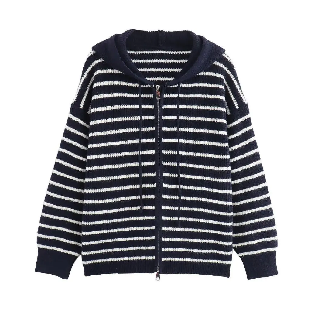 

Women's Striped Contrast Hooded Cardigan Knitted Sweater Jacket European American Style Autumn Winter New G42599