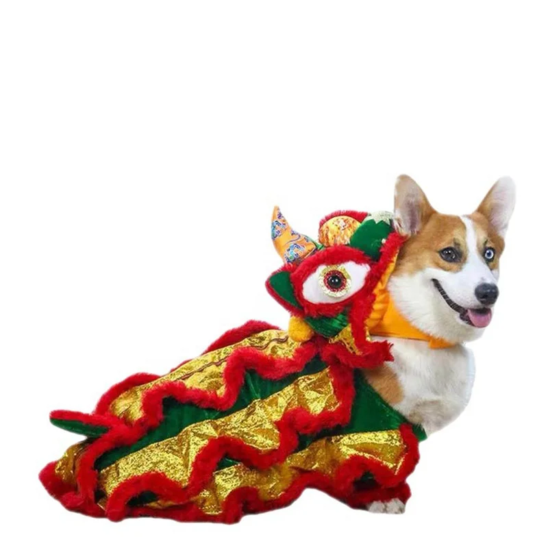 Traje para perros Teddy Corgi, divertido vestido de danza del león para perros y gatos, patrón sólido sostenible